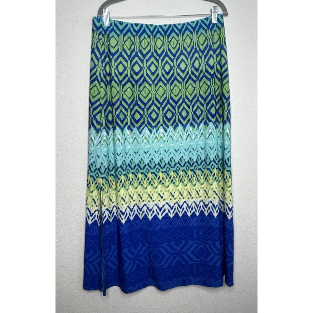 Chicos 2 Petite Maxi Skirt US L/12P Diamond Stretch Geometric Pull On Side Slits